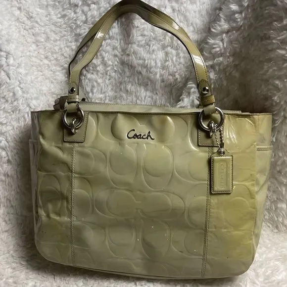 Vintage COACH patent Gray Leather Signature F17729 Tote silver tone hardwares