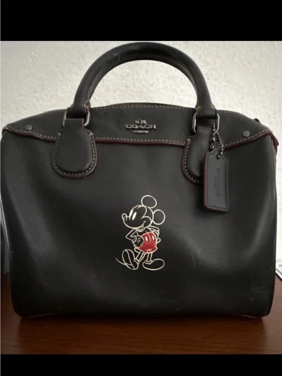 Coach Black Leather Satchel w Mickey Mouse and Red Accent good shape8 1/2x71/2