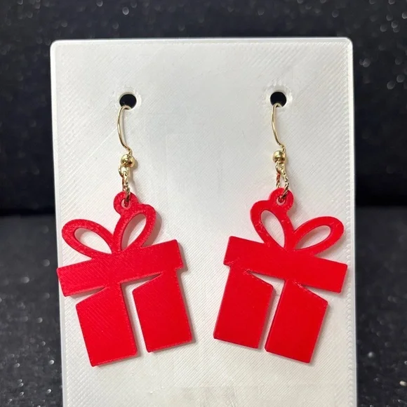 Red Present Dangle Earrings – Christmas Gift Box Earrings in Gold Tone