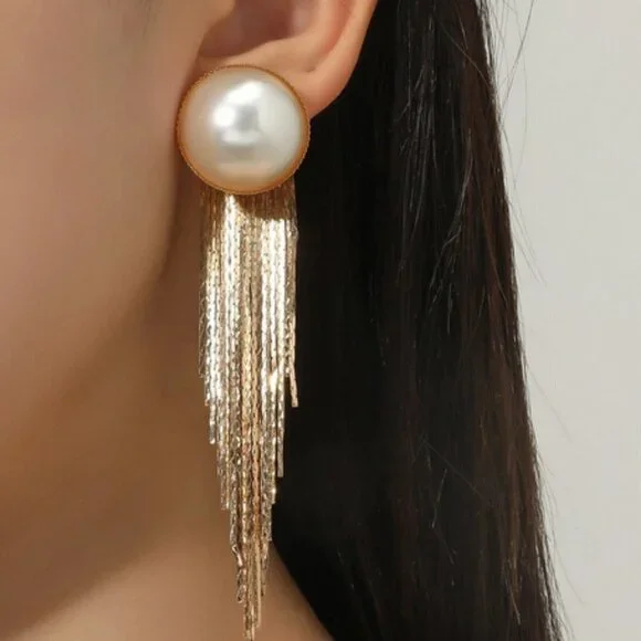 Faux Pearl Metal Tassel Drop Earrings