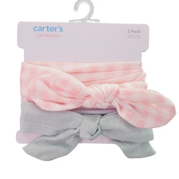 Carters Just One You Baby Girl Headband 2 Pack‎ Pink Gingham Mint Green Bows NWT