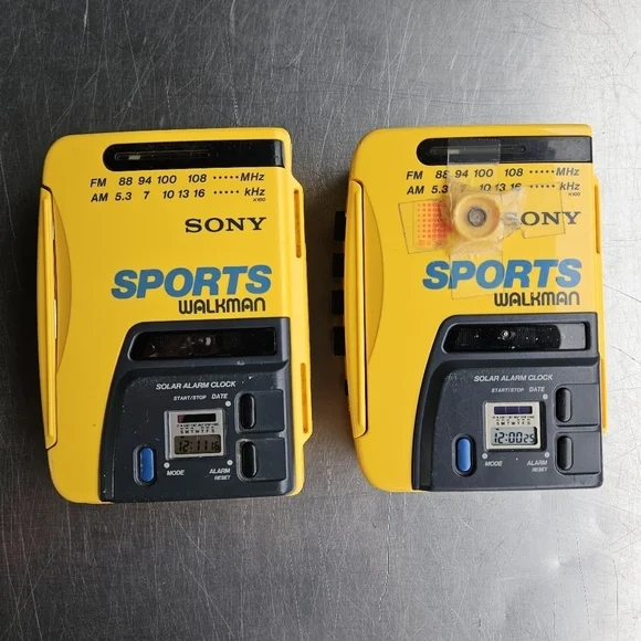 TWO Vintage Sony Yellow Sports Walkman WM-AF58 Radio Cassette Player Solar Alarm
