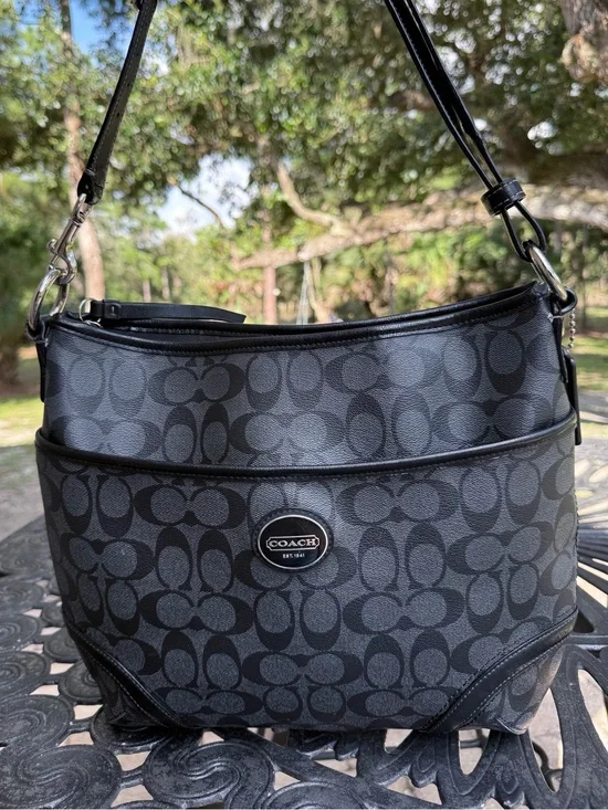 COACH Peyton Signature Coated Canvas Convertible Hobo Bag Black Grey