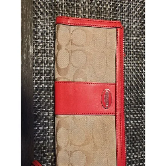 Coach Light Khaki Legacy Orange Coral Stripped Signature Wallet Wristlet