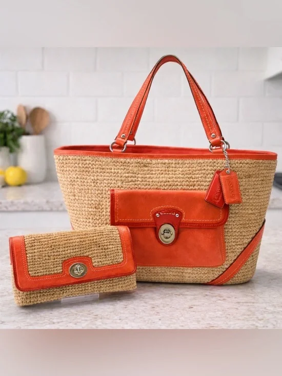 Coach Legacy Resort Summer Collection Raffia/Coral Leather Tote & Clutch
