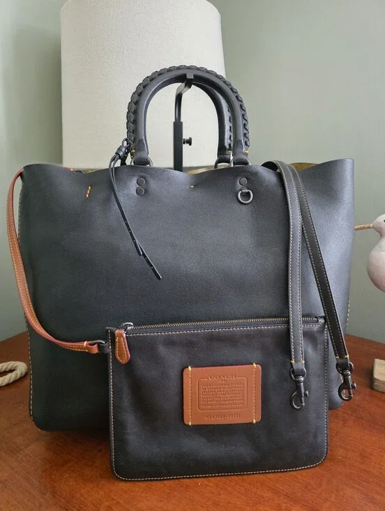 Coach 59981 Rogue Tote Whipstitch Black Leather Carryall Bag w/ Pouch