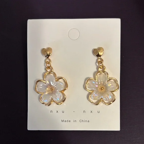 Gold and White Flower Earrings