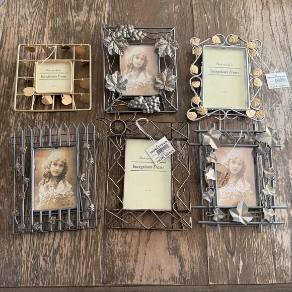 Lot Of 6 VTG Metal 90s Photo Frames NEW Floral Leaves Vines Hearts Wire Accents