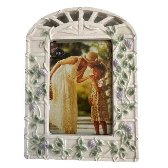 Fetco Ceramic Floral Painted Picture Frame‎ Vines Garden Purple Flowers 4.5 X3