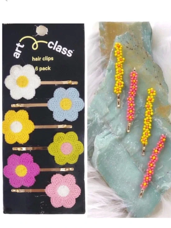 Boho Flower Hair Clips Crochet Daisy & Embellished Beaded Flower Bobby Pins‎ Set
