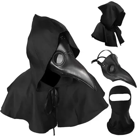 Plague Doctor Mask Cloak Hat Men Adult Black Scary Halloween Costume Set