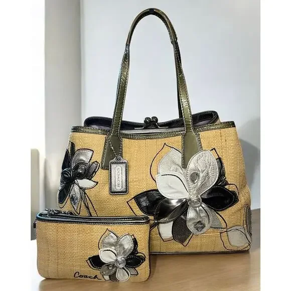 Y2K Coach 13531 Hamptons Archive 10th Anniversary Straw Floral Bag & Wristlet