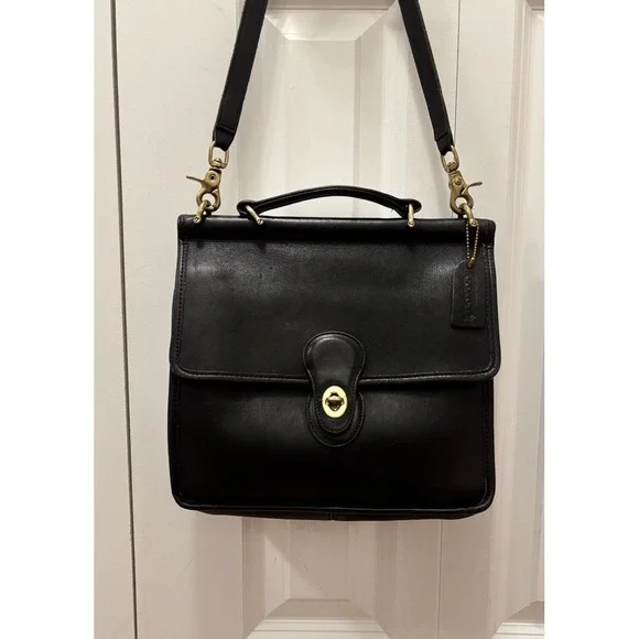 Vintage Coach 9927 Willis Purse Black Leather Turn Lock Top Handle Crossbody Bag