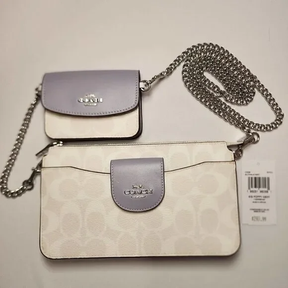 COACH C3328 Poppy Crossbody With Card Case Signature Canvas Leather Chalk Purple