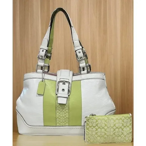 Y2K Coach F11345 Hamptons Leather Striped Satchel Bag & Mini Signature Wristlet