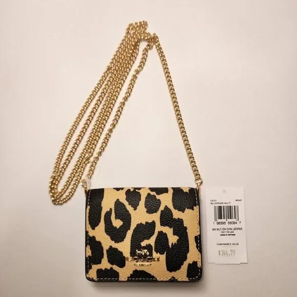 NWT COACH CX151 MINI WALLET ON A CHAIN WITH LEOPARD PRINT BAG PURSE CROSSBODY