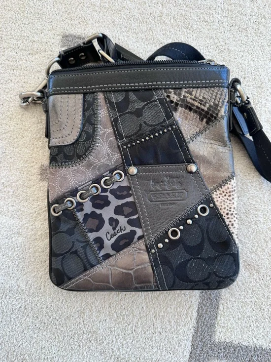 Coach Patchwork Signature & Leopard Wristlet in Black and Gray Y2K