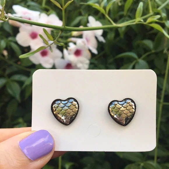 Metallic Hematite Antique Brass Heart Mermaid Scale Earrings