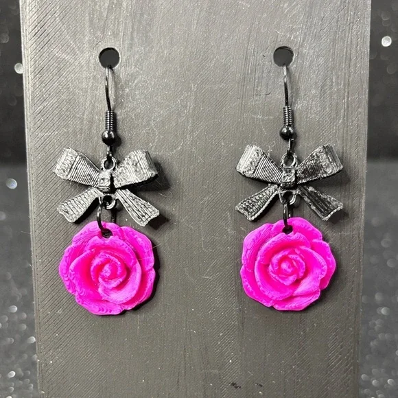 Pink Rose and Black Bow Earrings