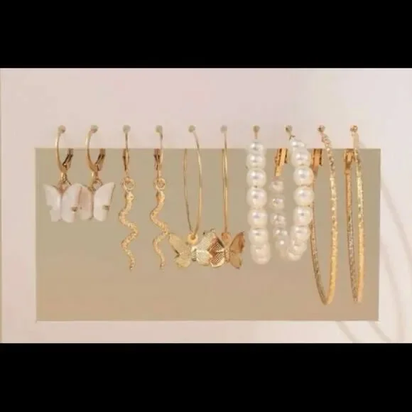 5 pair of earrings, butterfly, pearl, hoop, gold, snake