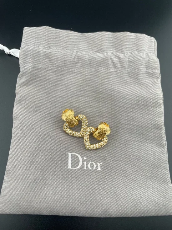 Vintage Christian Dior Gold Pavé Heart Clip-On Earrings