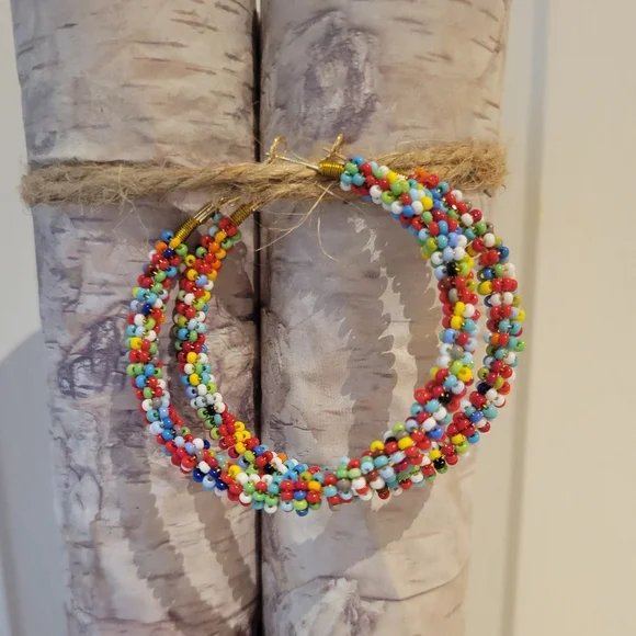 Handmade Multicolor Beaded Hoop Southwestern Boho Western Artisan Festival Y2k