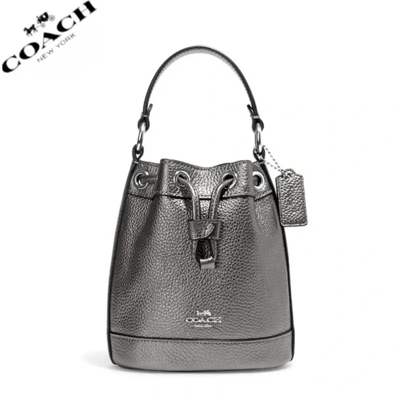 NWT COACH DEMPSEY DRAWSTRING BUCKET BAG 15 IN SILVER/METALLIC GUNMETAL CROSSBODY