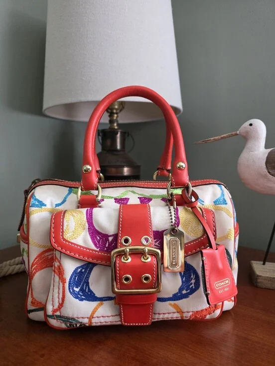 Coach 1857 Legacy Scribble Stitch Turnlock Satchel White Multicolor Bag Y2K