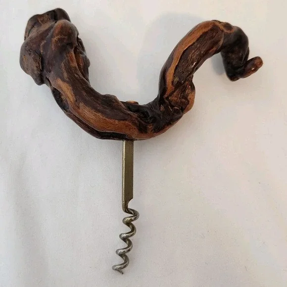 Vintage Hand Carved Wood Handle Corkscrew Rustic Folk Art Grapevine Root Style