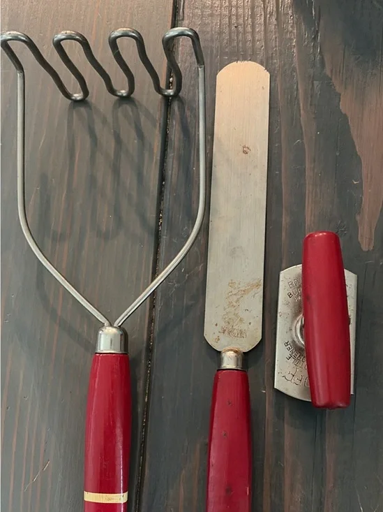 Vintage from 1950’s Red Kitchen Utensil Set - Spatula, Masher & can opener