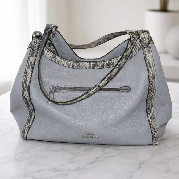 Coach Pebbled Leather Gray Hobo Shoulder Bag with Exotic Snakeskin-Embossed Trim