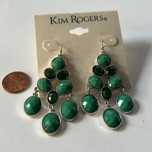 NWT Kim Rogers Green & Silver Stone Chandelier Earrings