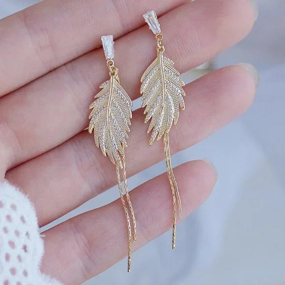 #NEW 14K Gold Plated Diamond Leaf Tassel Earrings