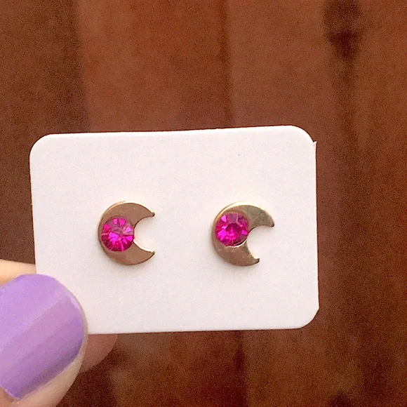 Fuchsia Pink + Gold Crystal Moon Boho Earrings