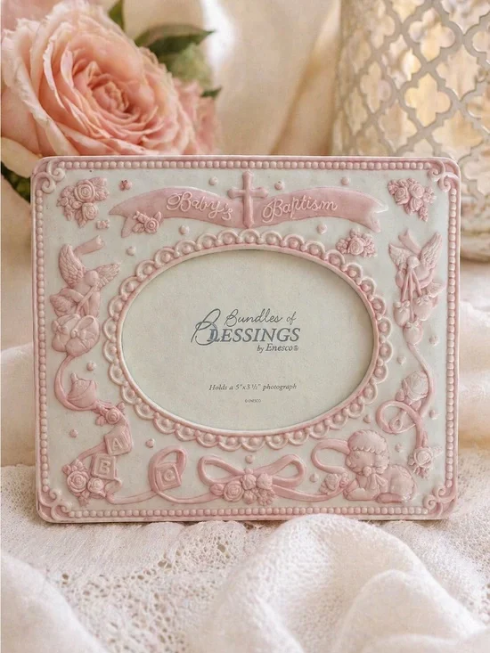 ENESCO Baby Baptism Picture Frame Bundle of Blessings Pink Ivory Vintage NWT