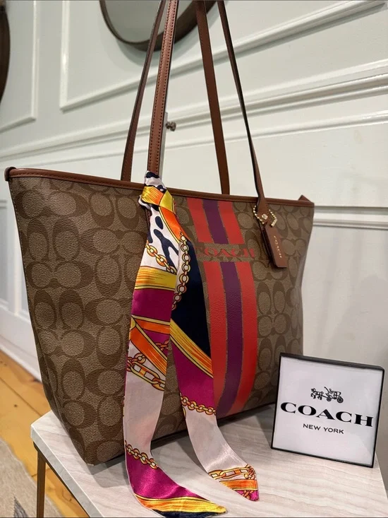 Coach Bag Signature Varsity City Zip Brown Tote with Logo Signature Stripe