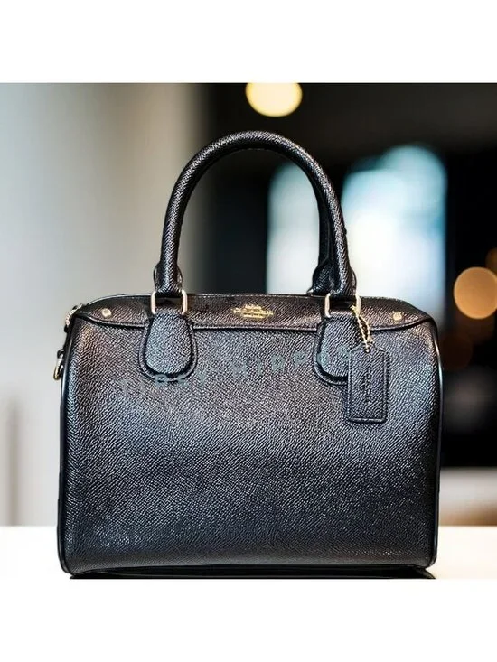 Coach Black Leather Satchel With Gold-Tone Hardware & Top Handles