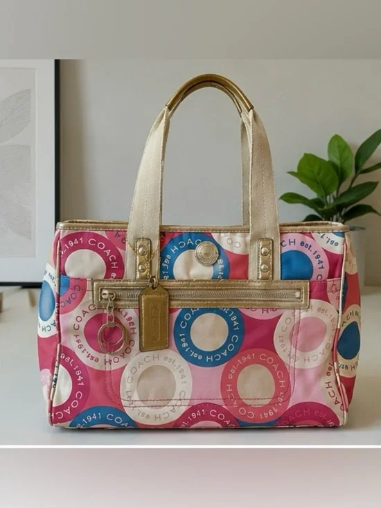 Coach Pink Blue Circle Print Tote Bag Y2K Est. 1941