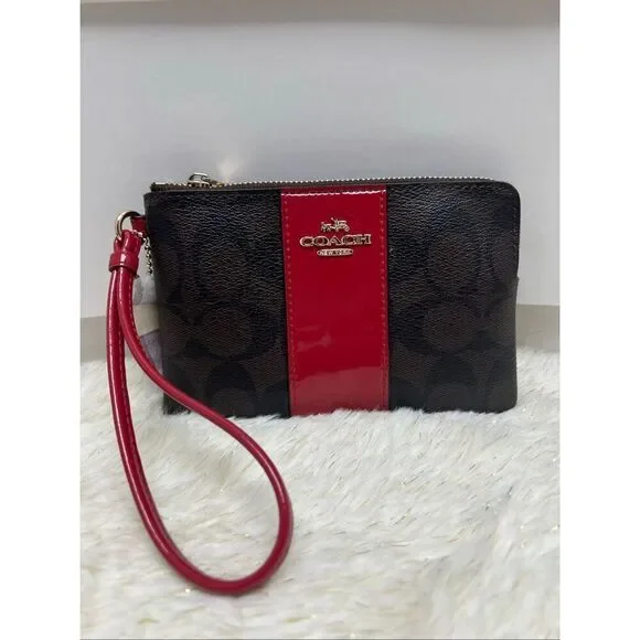 New! Coach Wristlet Wallet Brown True Red in Signature Canvas F54460