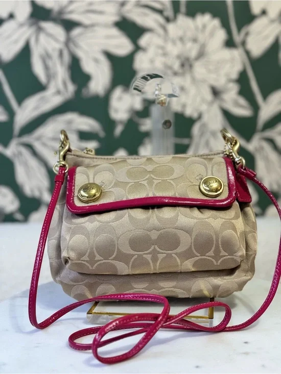 Coach Rare Poppy Tan Signature Canvas Crossbody with Pink Trim EUC