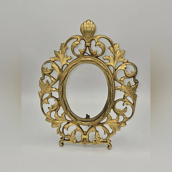 Brass‎ Ornate Oval Picture Frame Vintage Hollywood Regency Scroll Shell 11