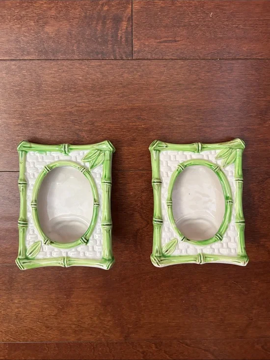 Vintage Japanese Green and White Bamboo Ceramic Picture Frames — Set of 2