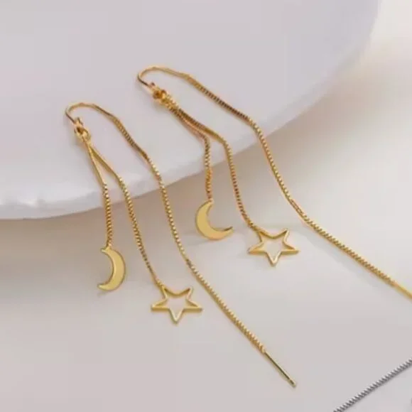 NEW - Gold Star Tassel Earrings, Dangle Earrings, Star Jewelry, Moon Earrings