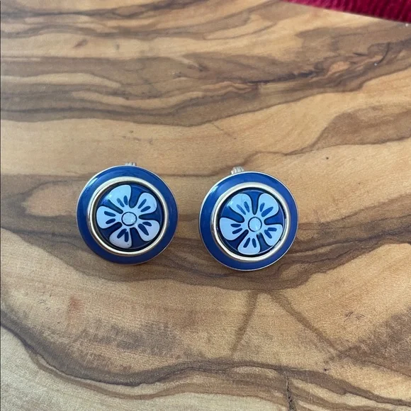 Blue and Gold Floral Clip On Earrings