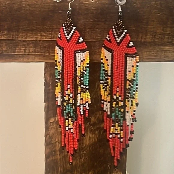 Earrings Aztec Style Hand Loom Beaded Boho Dangle pierced Jewelry New size OS