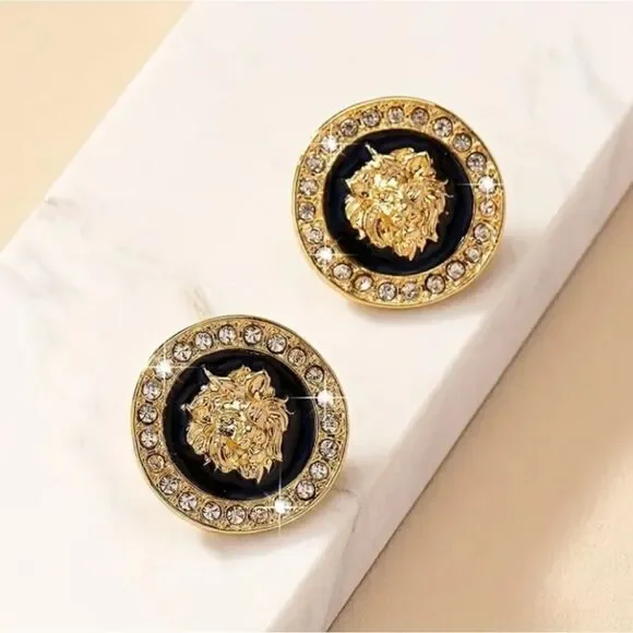 Gold Black Lion Head Charm Pendant Stud Earrings