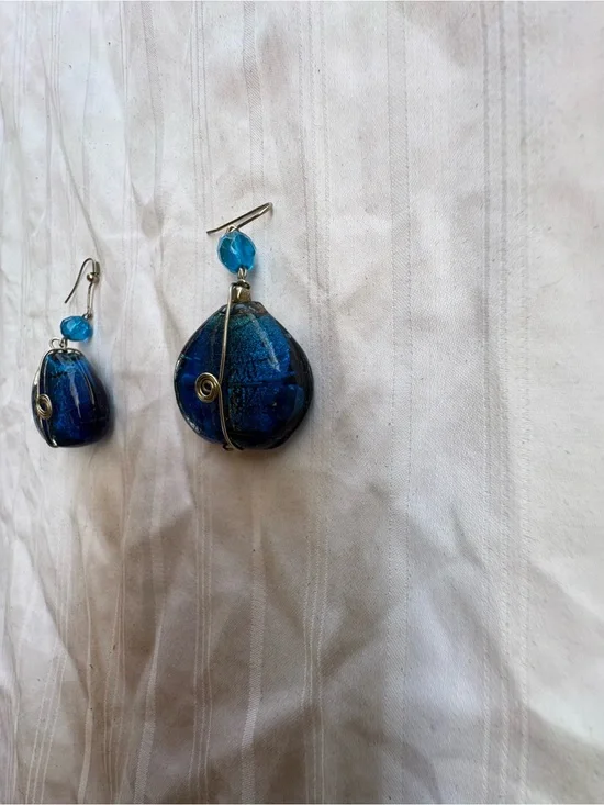 Handcrafted Blue Glass Teardrop Wire-Wrapped Earrings