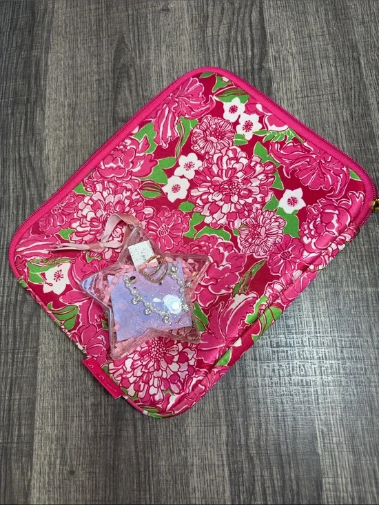 Lily Pulitzer Hot Pink Floral Tablet Sleeve with Faux Pearl Necklace & Ring