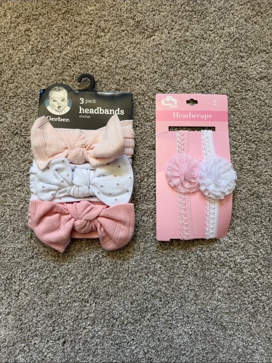 Gerber Pink & White Baby Headbands and Flower Headwraps Lot