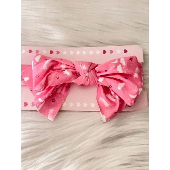 Baby Bow Bliss Pink knotted Headband Stretchy Soft Fabric White Celestial Print